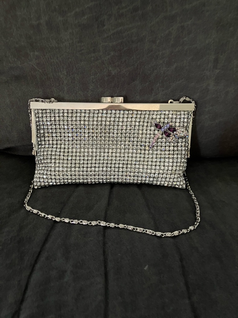 Silver Crystal Mesh Evening Clutch with Purple Gem Accent